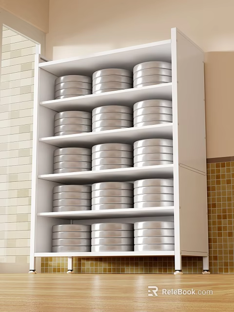 Organized Kitchen Storage Cabinet Shelf With Neatly Stacked Silver Plates On Multiple Shelves 3d model 