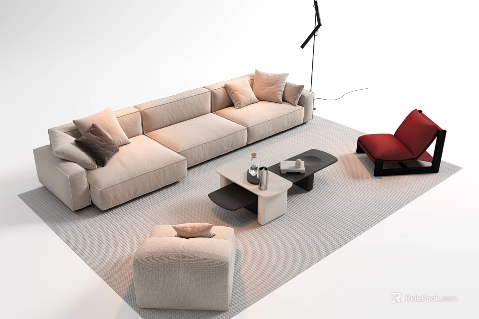 Modern Beige Sofa And Dark Coffee Table Set With Ottoman Accent Chair And Area Rug 3d model 