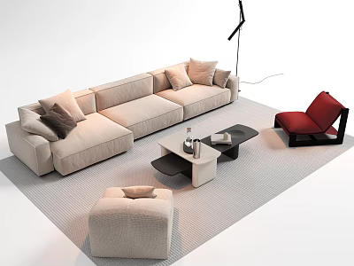 Modern Beige Sofa And Dark Coffee Table Set With Ottoman Accent Chair And Area Rug 3d model