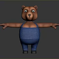 Cute 3D Brown Cartoon Bear In Blue Overalls With Arms Outstretched And Friendly Expression