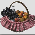 Wicker Basket With Red And White Checkered Ruffled Edge Holding Grapes Peaches And Small Bottle
