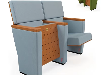 Light Blue Leisure Chair With Wooden Armrests And Perforated Backrest Design 3d model