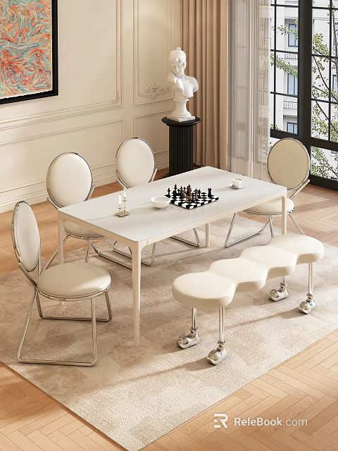 Modern Restaurant Interior With White Dining Table Chairs Chessboard Cups And Benches 3d model