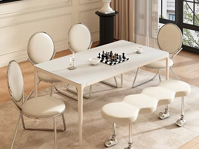 Modern Restaurant Interior With White Dining Table Chairs Chessboard Cups And Benches 3d model