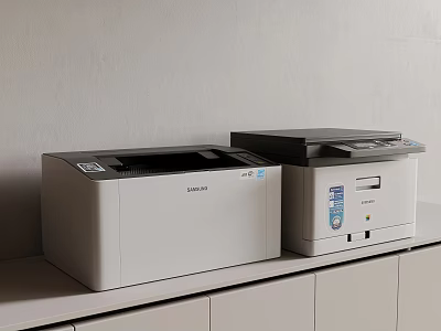 Samsung Laser Printer And Multifunction Printer On White Cabinet With Gray Wall 3d model