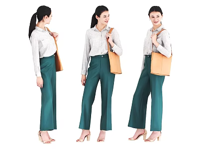Woman in White Shirt Green Wide Leg Pants Carrying Brown Handbag and High Heels 3d model