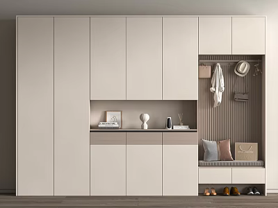 Modern Neutral Toned Shoe Cabinet With Integrated Open Storage Bench And Clothing Hanging Area 3d model