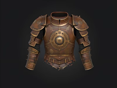 Ancient Bronze Medieval Armor Chest Plate With Decorative Round Emblem And Rivets 3d model