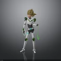 Blonde Character With White Green Futuristic Suit Holding Glowing Green Rope On Gray Background