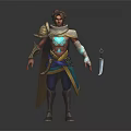 Human 3D Character Model with Brown Hair Ornate Blue Gold Outfit Cloak and Dagger