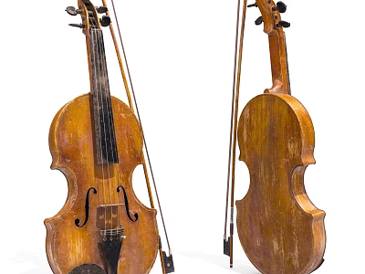 Two Vintage Wooden Violins With Bows Placed Side By Side As Musical Instruments 3d model