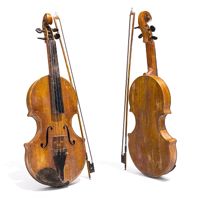 Two Vintage Wooden Violins With Bows Placed Side By Side As Musical Instruments 3d model