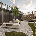 Modern Clubhouse Interior With Wooden Shelves Stone Wall Pebble Path And Green Plants
