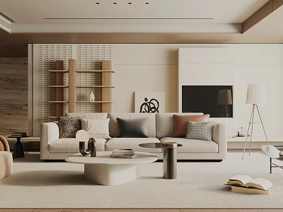 Modern Living Room Interior With Beige Sofa Pillows Coffee Tables TV Bookshelf And Floor Lamp 3d model