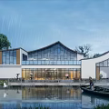Traditional Chinese Style Tourist Center With Lakeside View And Wooden Boat 3d model
