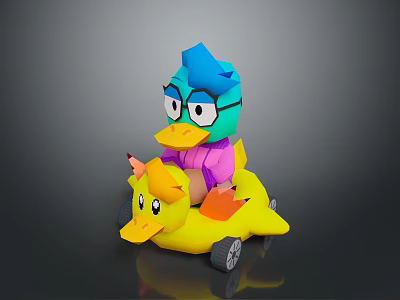 Cartoon Character With Blue Hair Glasses Pink Outfit On Yellow Inflatable Duck Car With Wheels 3d model
