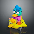 Cartoon Character With Blue Hair Glasses Pink Outfit On Yellow Inflatable Duck Car With Wheels