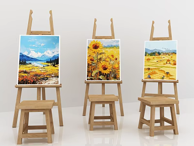 Wooden Easels Displaying Colorful Landscape And Sunflower Paintings With Stools 3d model