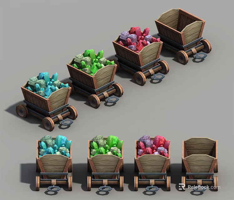 Wooden Carts Filled With Colorful Items In Various Colors Arranged Together 3d model 