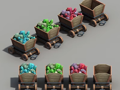 Wooden Carts Filled With Colorful Items In Various Colors Arranged Together 3d model