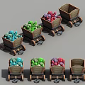 Wooden Carts Filled With Colorful Items In Various Colors Arranged Together