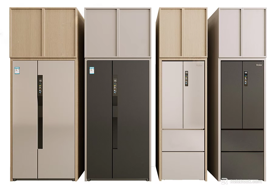 Modern Multi Door Refrigerator Designs In Beige Black And Wood Finishes 3d model 