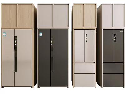 Modern Multi Door Refrigerator Designs In Beige Black And Wood Finishes 3d model