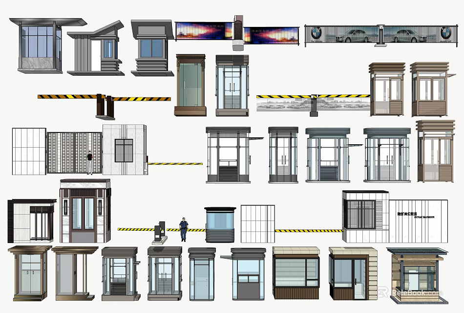 Various Architectural Booths Doors Windows and Barrier Components Designs 3d model 
