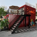 Red Two Story Container Cafe With Outdoor Seating Balloons Motorcycle Trees And High Rise Buildings