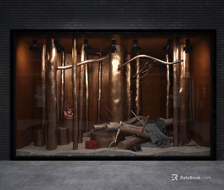 Window Display With Copper Pillars Wooden Logs Red Box And Warm Lighting 3d model