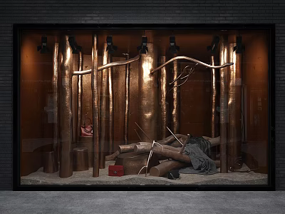 Window Display With Copper Pillars Wooden Logs Red Box And Warm Lighting 3d model