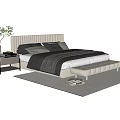 Modern Double Bed With Striped Headboard Pillows Bedspread Nightstand Plant Bed Bench And Rug