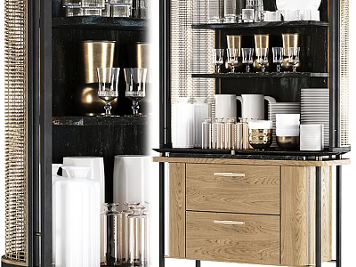Elegant Modern Wine Cabinet With Glass Doors Metal Frame And Wooden Storage Drawers 3d model