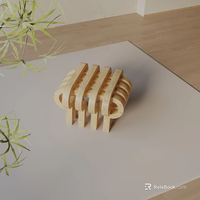 Modern Wooden Side Table with Geometric Curved Design and Green Plant on Beige Mat 3d model 
