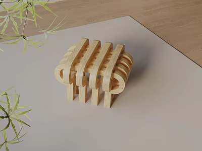 Modern Wooden Side Table with Geometric Curved Design and Green Plant on Beige Mat 3d model