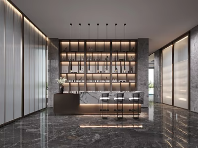 Modern Shop Front Desk With Marble Counter Illuminated Shelves And Stools 3d model