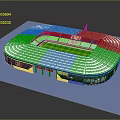 3D Stadium Model Featuring White Roof Blue Base Green Field Running Track And Advertising Boards