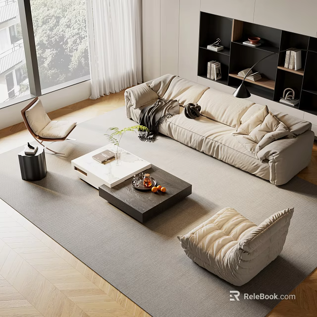 Modern Living Room Interior With Light Sofa Wooden Coffee Table Set Gray Rug And Armchair 3d model 