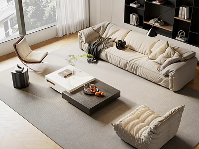 Modern Living Room Interior With Light Sofa Wooden Coffee Table Set Gray Rug And Armchair 3d model