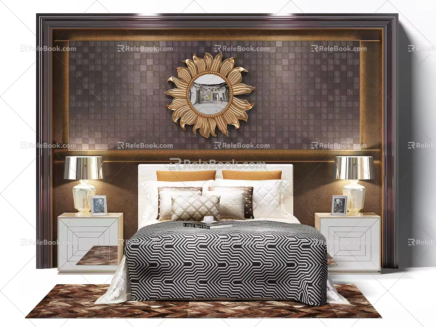 Post-modern background double bed bedside background wall 3d model