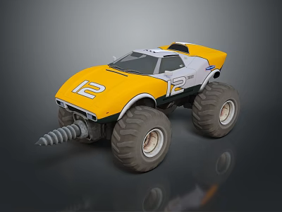 Yellow Utility Vehicle With Large Tires Front Drill Attachment And Number 12 Design 3d model