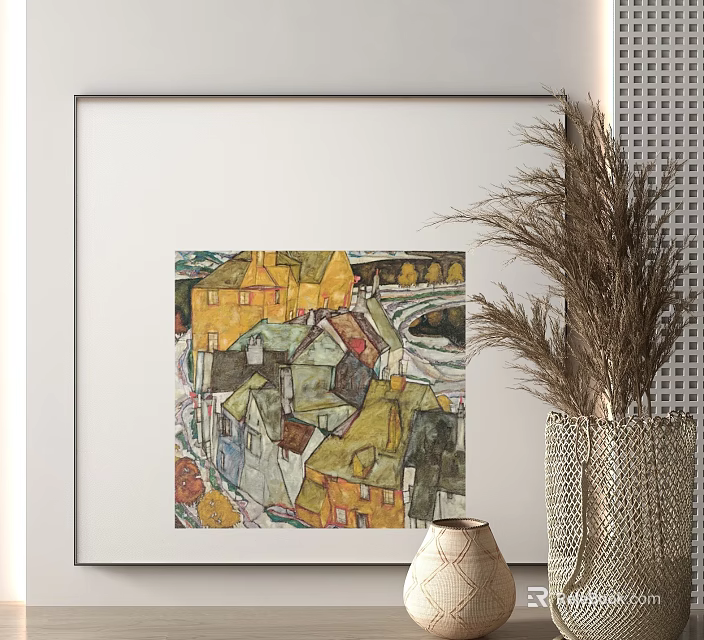 Vibrant Abstract Painting Featuring Yellow Houses Green Roofs Hanging on Wall with Dried Grass Vases 3d model 