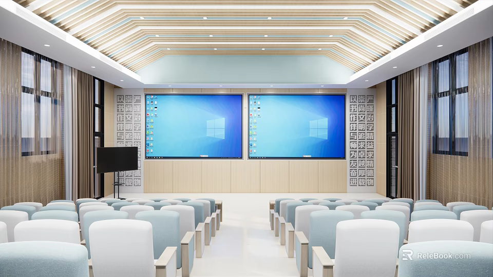 School Modern Auditorium with Large Screens White Chairs and Ceiling Design 3d model 
