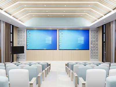 School Modern Auditorium with Large Screens White Chairs and Ceiling Design 3d model