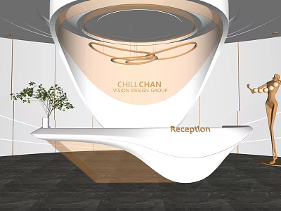 Modern White Reception Desk With Sculpture Green Plant And Visual Arts Lighting 3d model