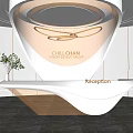 Modern White Reception Desk With Sculpture Green Plant And Visual Arts Lighting