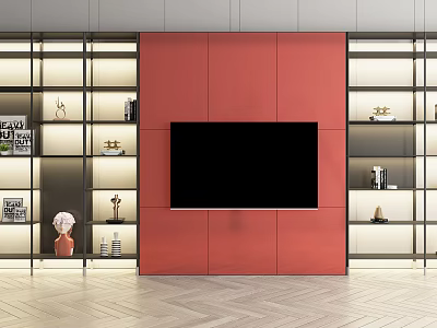 Modern Red TV Wall Design with Open Shelving LED Lighting and Herringbone Flooring 3d model