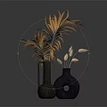 Textured Black Vase with Orange Leaves and Dark Hole Vase with Spike Flowers on Blue
