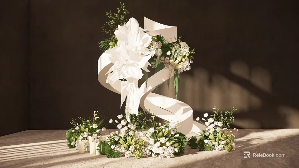 Elegant Romantic Floral Decoration With White Flowers Green Foliage White Ribbon And Small Bouquets 3d model 