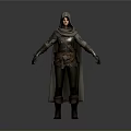 Woman in Hooded Cloak and Armor With Leather Belt and Boots Standing Against Gray Background